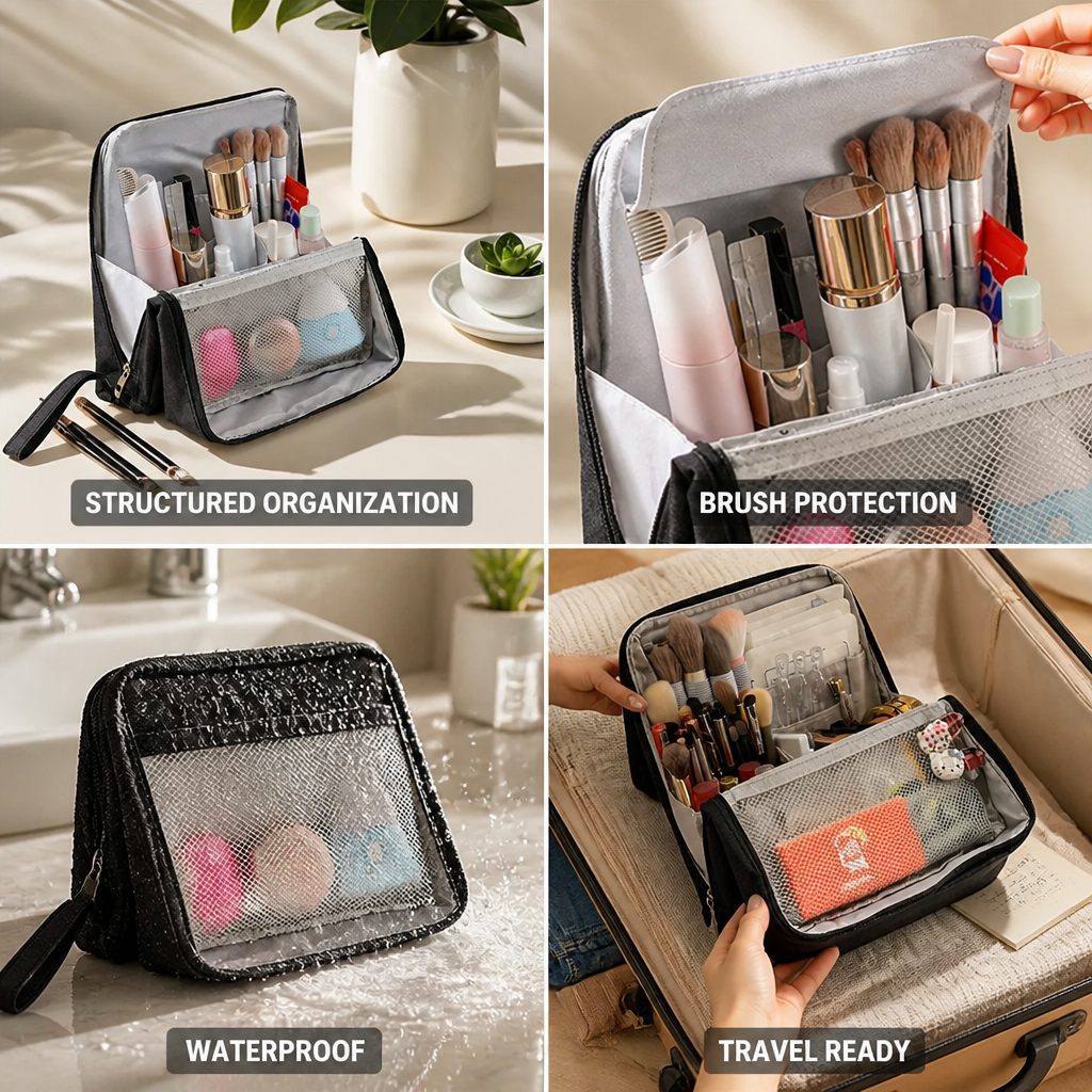 Travel Makeup Bag Waterproof Structured Compartments & Brush Cover