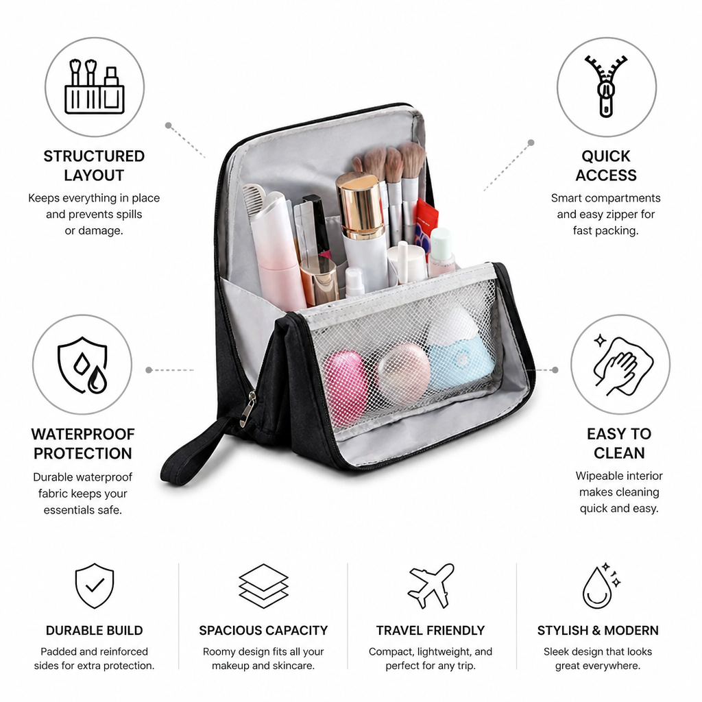 Travel Makeup Bag Waterproof Structured Compartments & Brush Cover
