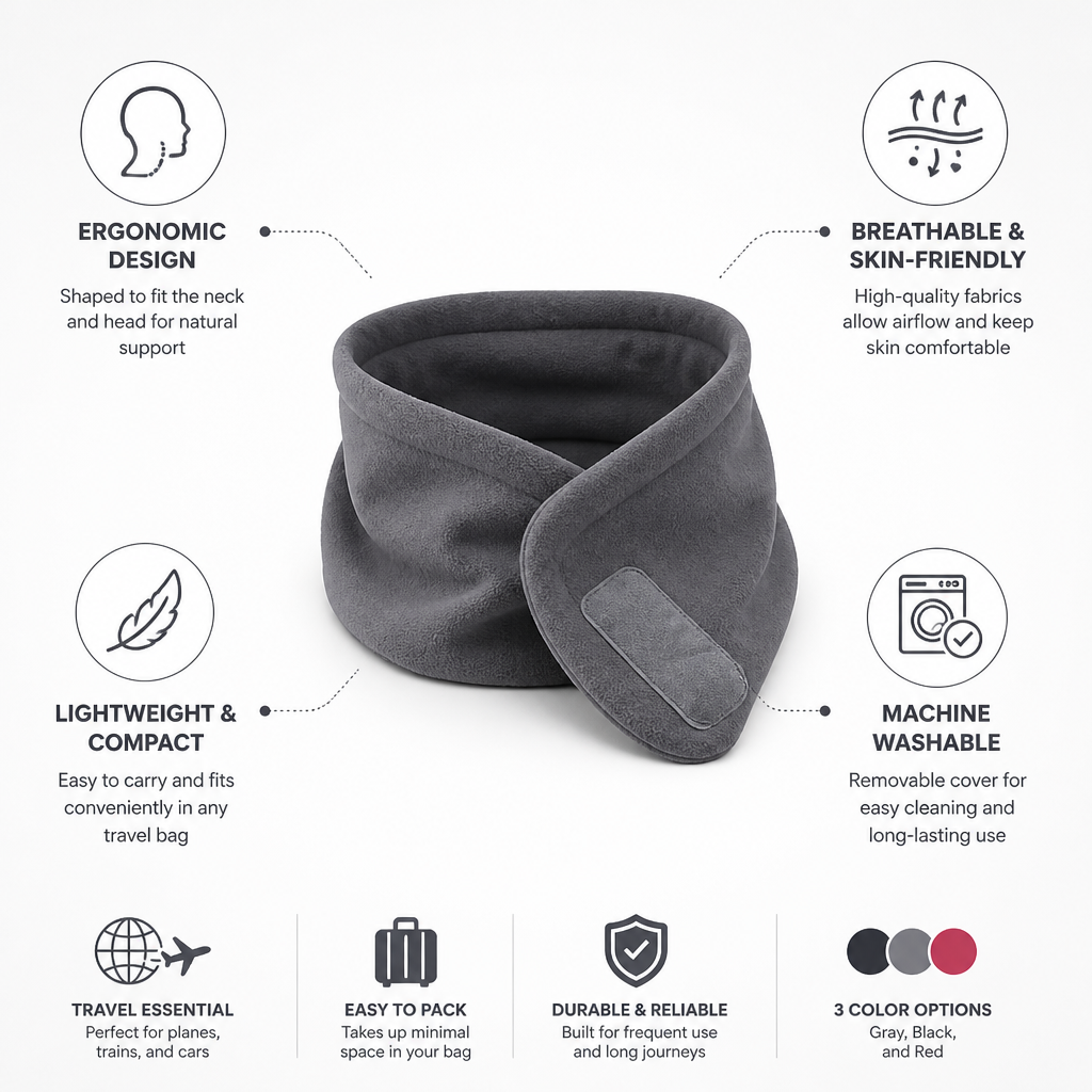Travel Neck Pillow Ergonomic Breathable & Washable Cover