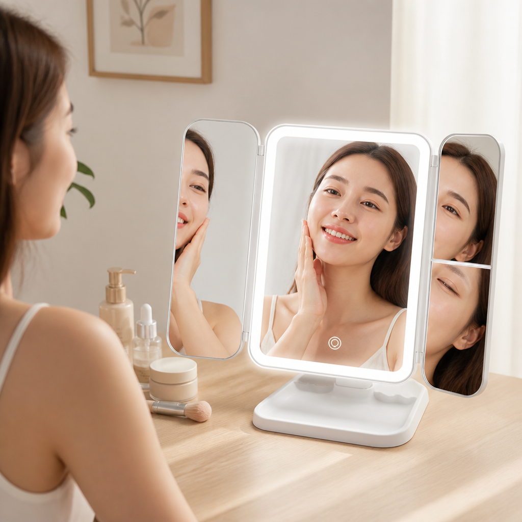 Trifold Vanity Mirror Daylight LED Rechargeable 180° Rotating Sides