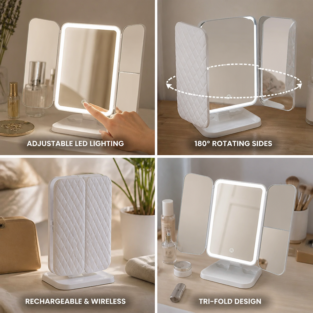 Trifold Vanity Mirror Daylight LED Rechargeable 180° Rotating Sides