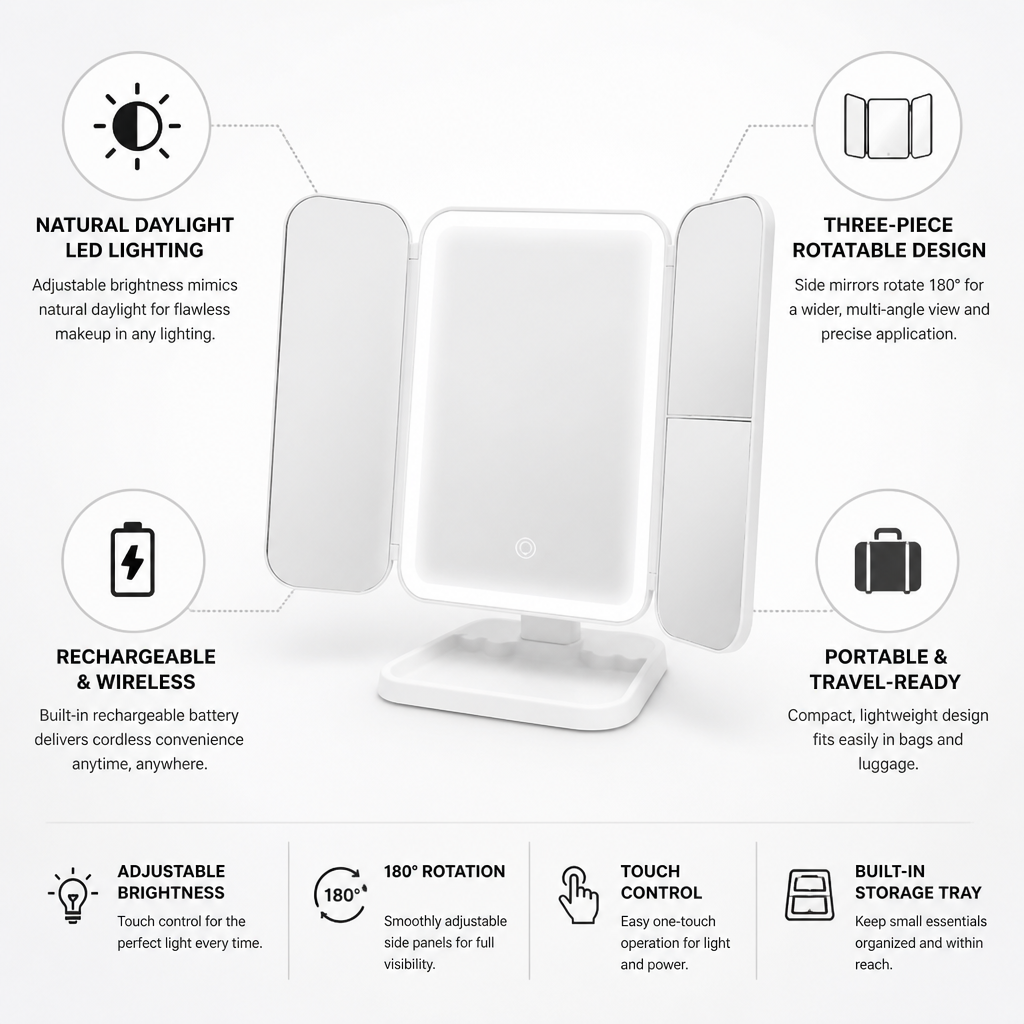 Trifold Vanity Mirror Daylight LED Rechargeable 180° Rotating Sides