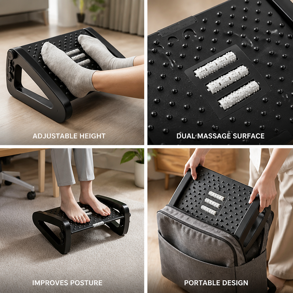 Under-Desk Foot Rest Adjustable Height Dual Massage Rollers