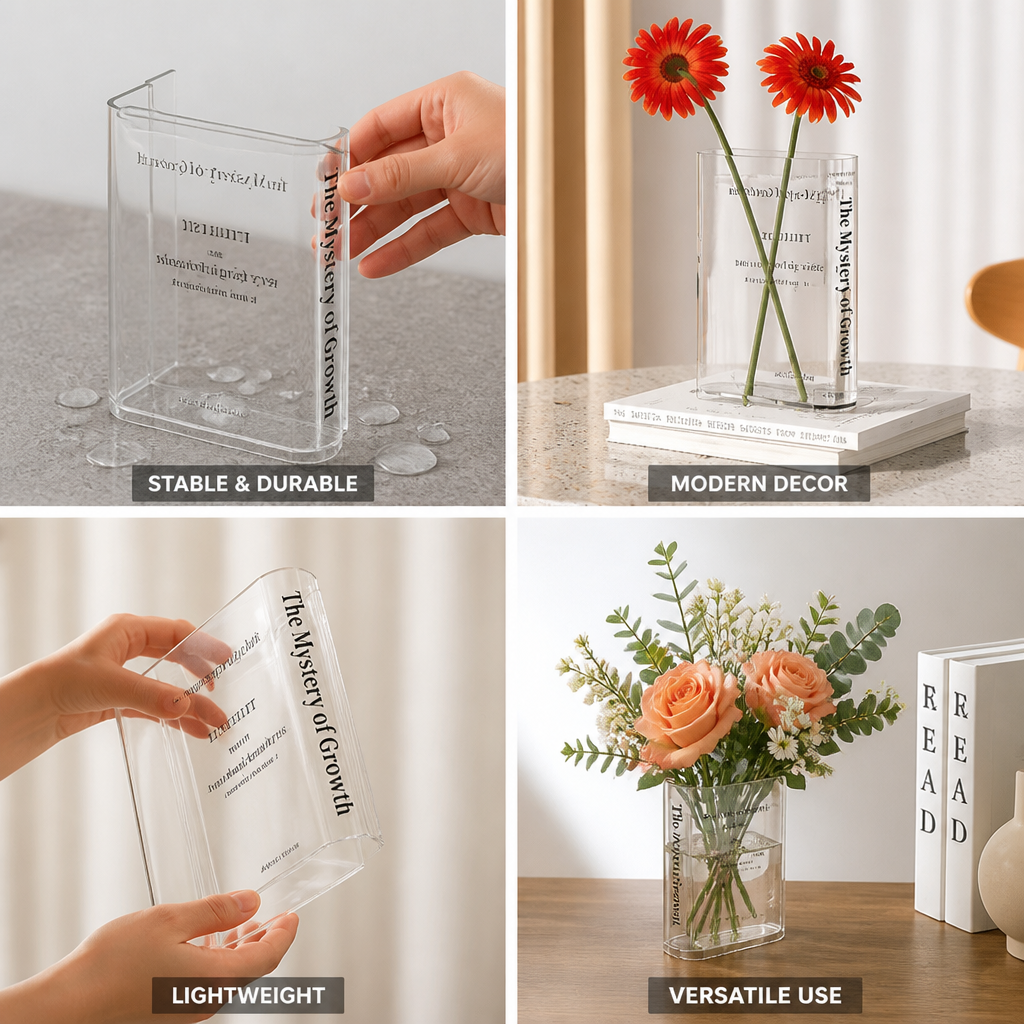 Vase Book-Shaped Acrylic Stable & Durable