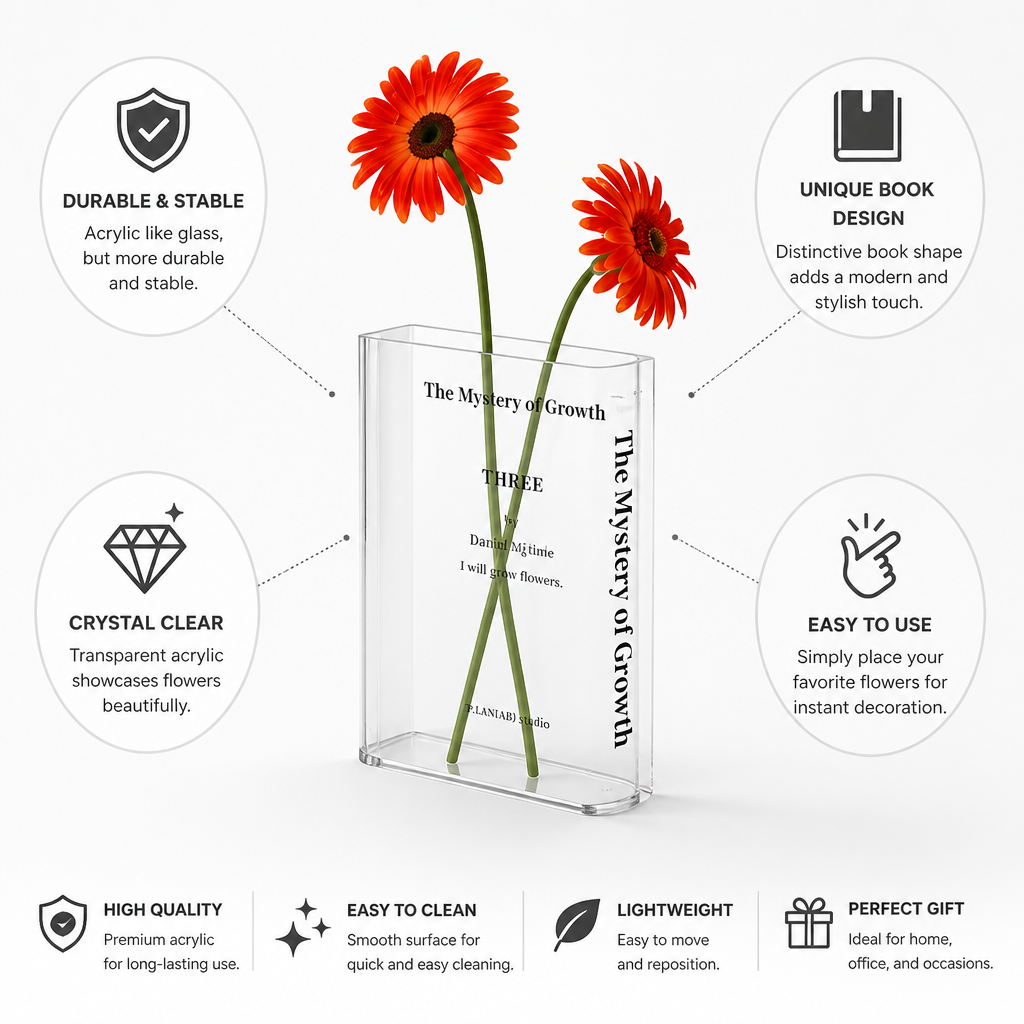 Vase Book-Shaped Acrylic Stable & Durable