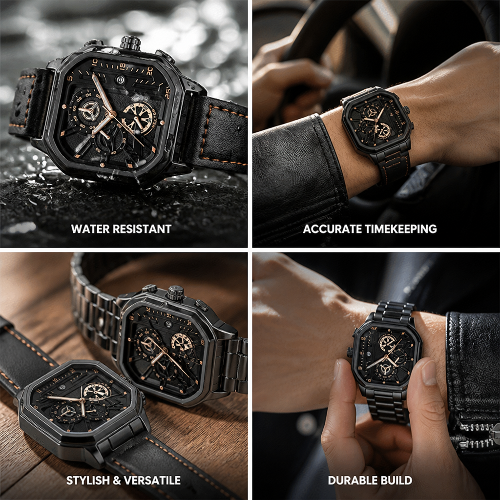 Watch Quartz Movement 30M Water-Resistant Leather & Steel Straps