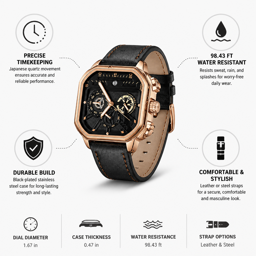 Watch Quartz Movement 30M Water-Resistant Leather & Steel Straps
