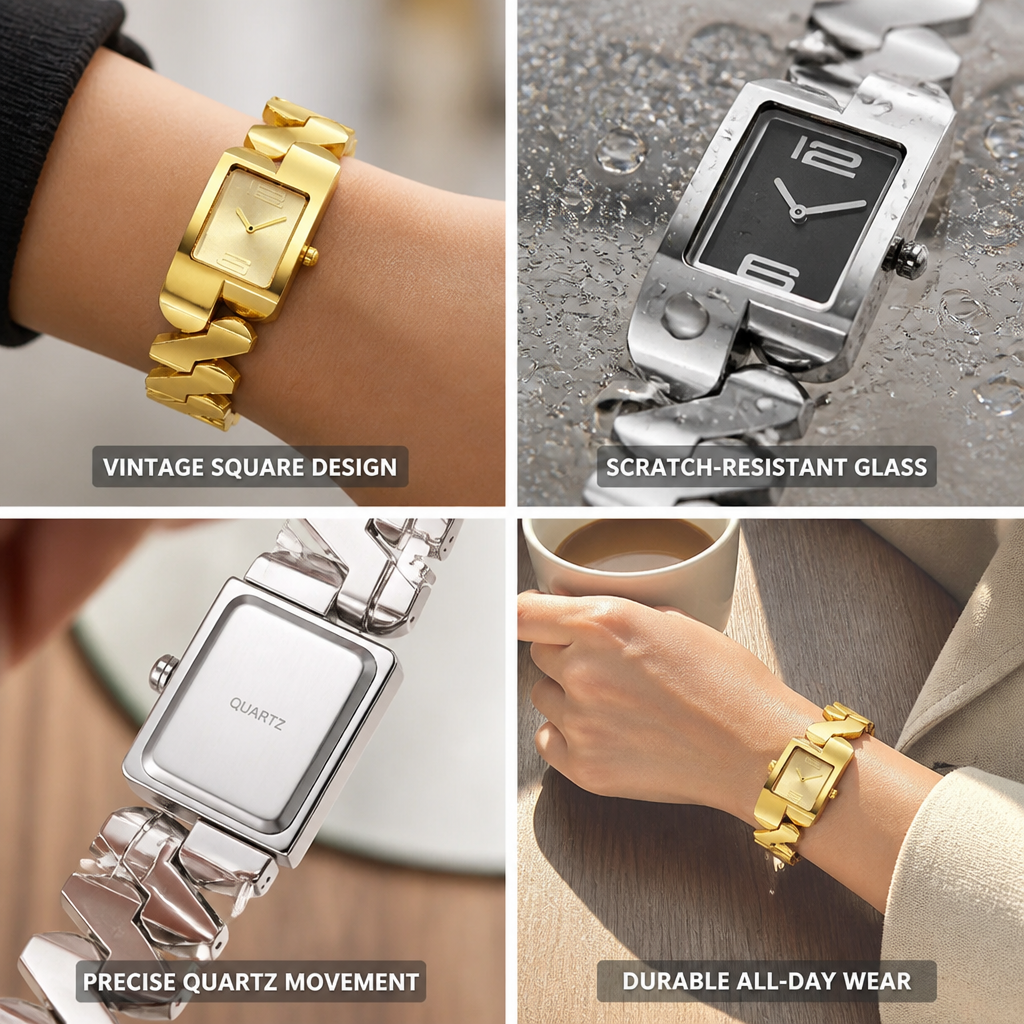 Watch Vintage Square Dial Quartz Movement Scratch-Resistant Glass