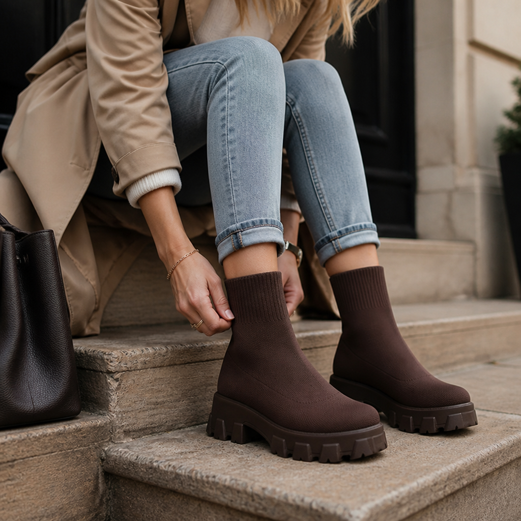Women's Sock-Style Platform Ankle Boots With Block Heel