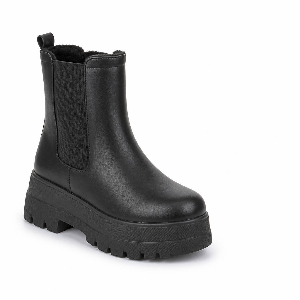 Women's Warm-Lined Water-Repellent Vegan Leather Platform Chelsea Ankle Boots (Thick Rubber Non-Slip Sole)